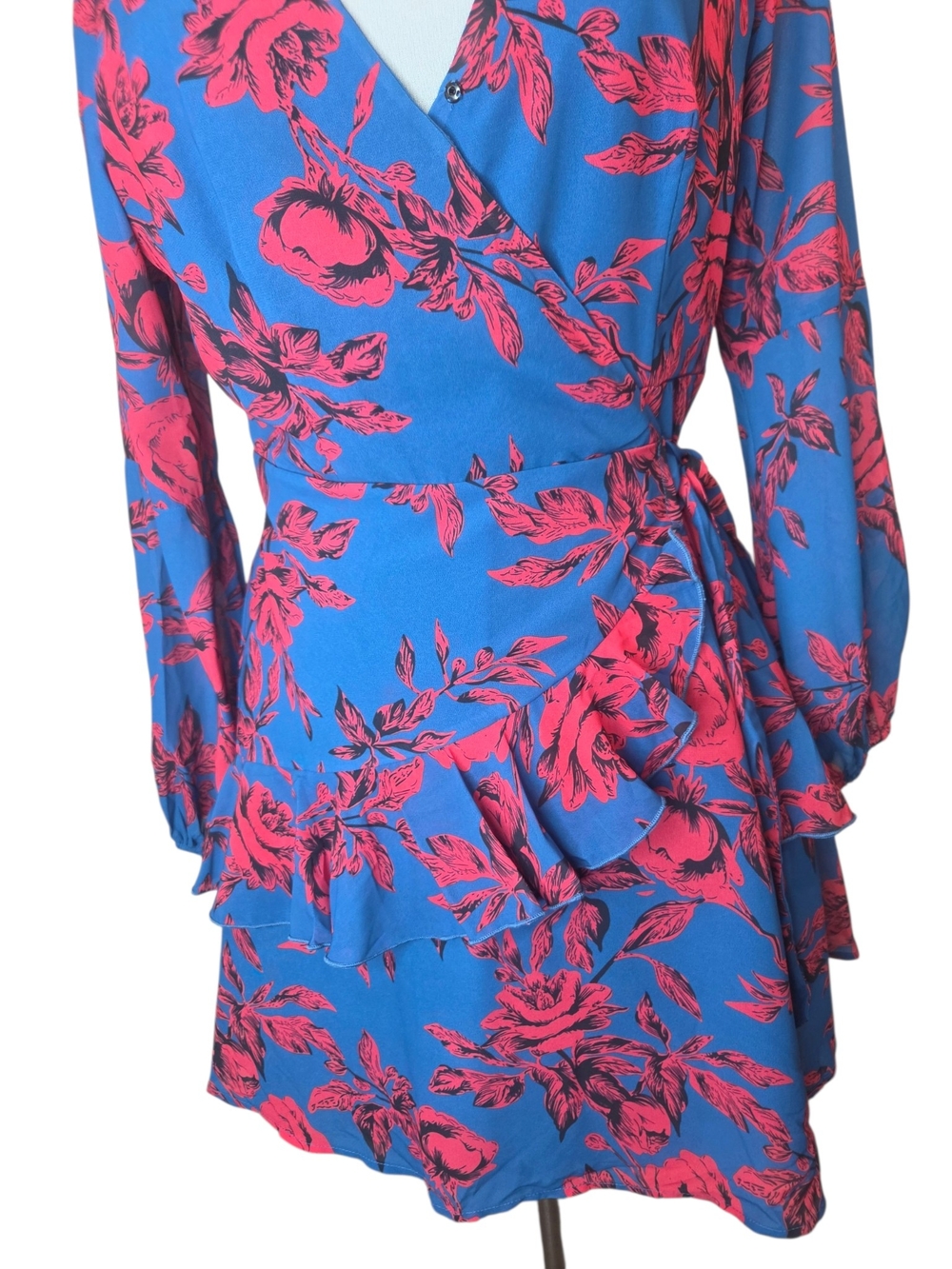 Cupshe Stunning Blue Hot Red Floral Print True Wrap Dress Size Women's Large - Picture 4 of 13